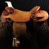 Modified Association Tree - 94 degree bars - #1 choice for fitting powerfull well muscled shoulder horses very well including half drafts - 16 inch seat - cantle is 4 inches high by 12 1/2 inches wide and has a 1 3/4 inch Cheyenne roll - horn is 4 inch high metal dally horn with a heavy mule hide ropping bonnet - Double D rigging set at 7/8ths - previously loved with a couple of generations to love back - half tooled with a classic Sheridan Floral design all hand worked by Keith Valley.